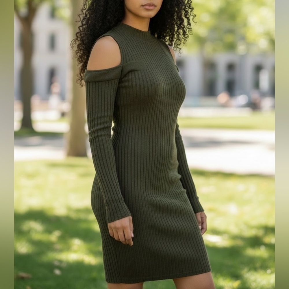 NWT Rachel Roy Olive Green Cold Shoulder Knit Mockneck Ribbed Sheath Dress